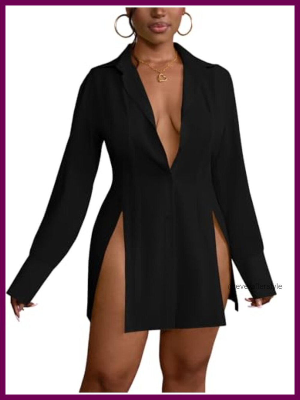Collared Deep V Neck Sexy Button Down Shirt Dress with Slit Hem